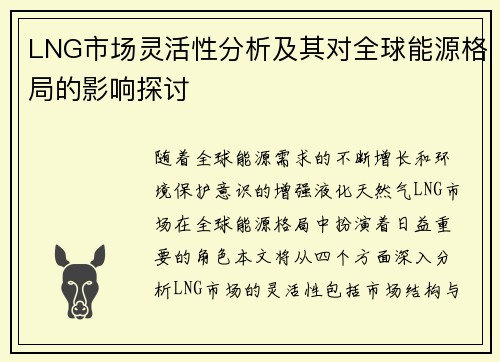 LNG市场灵活性分析及其对全球能源格局的影响探讨